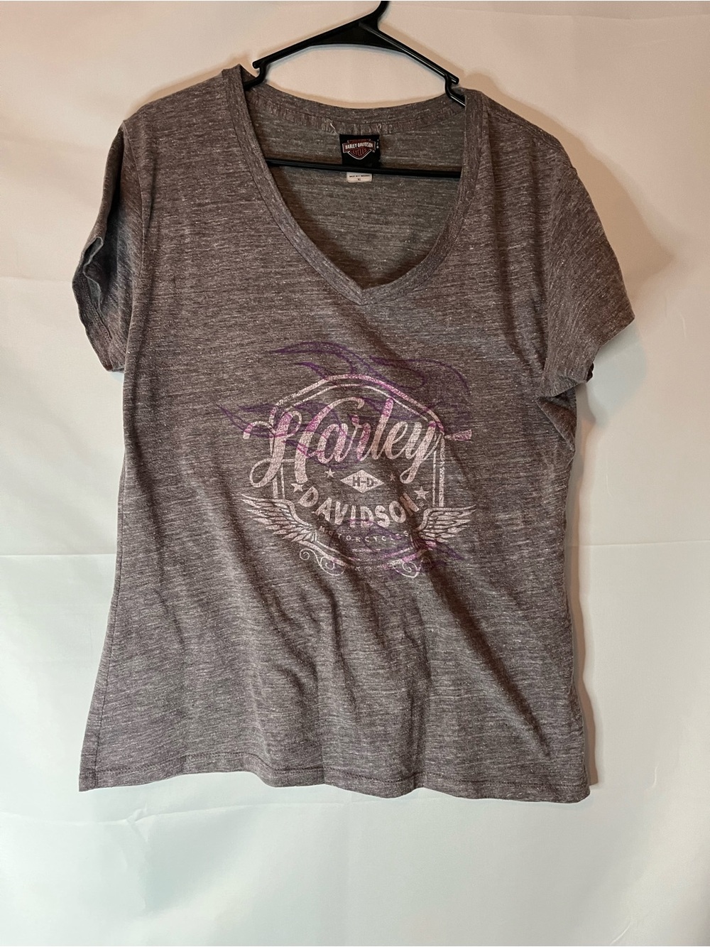 Harley-Davidson Gray V-Neck Tee with Purple Accent Logo